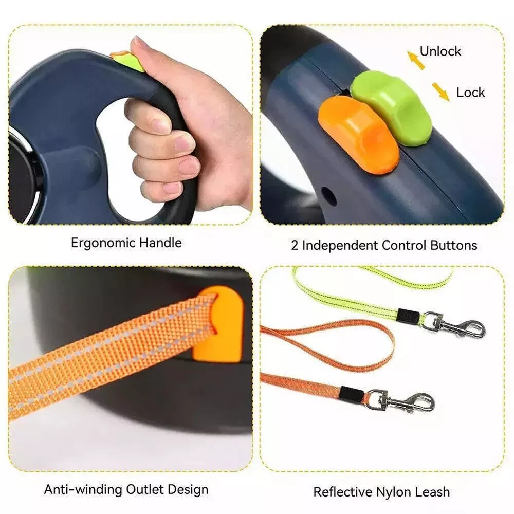 Double Dog Walking Leash – Retractable Dual Pet Lead with 360° Rotation - Image 2