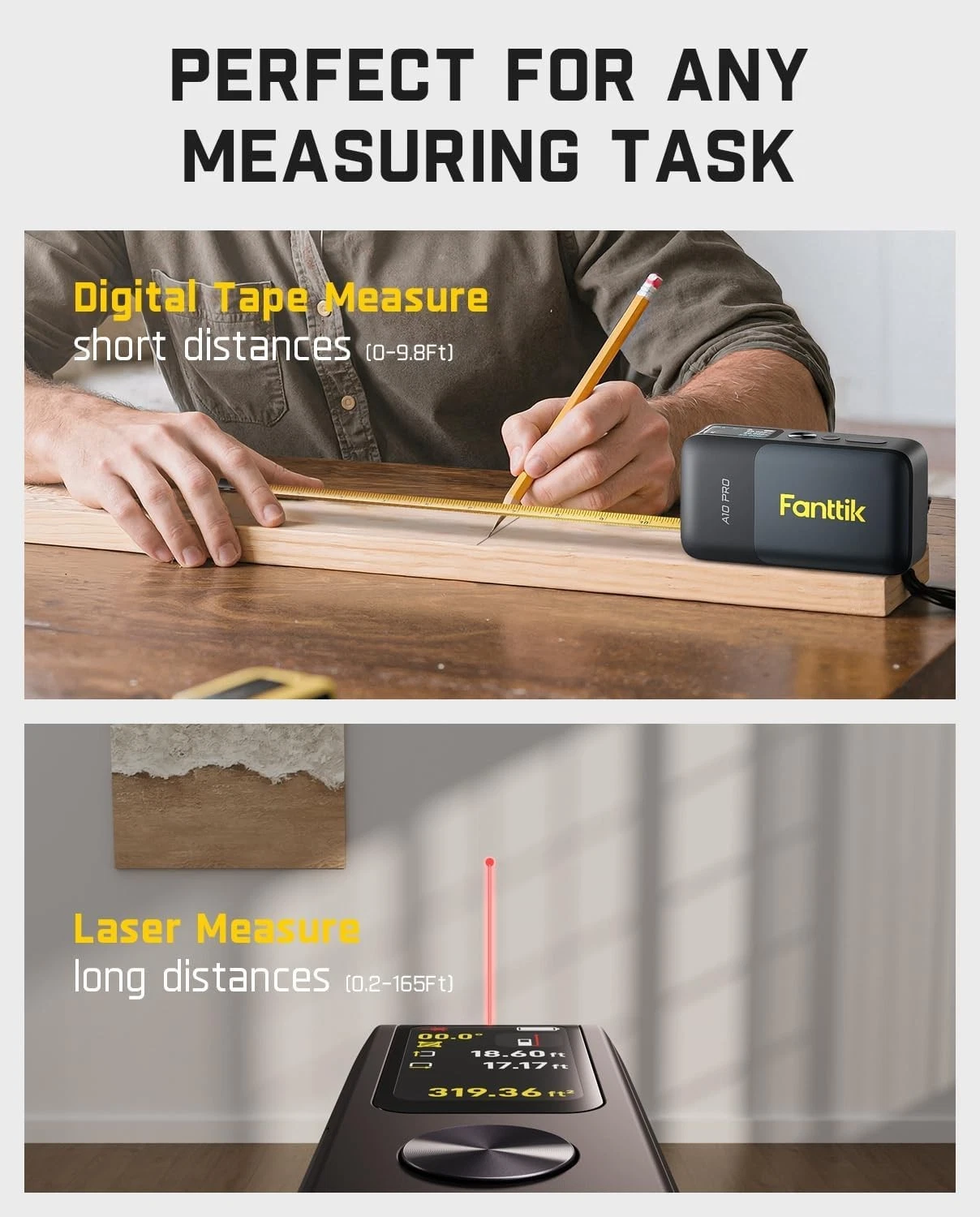 Fanttik A10 Apex 3-in-1 Digital Laser Tape Measure with HD Color Display – 165Ft Laser Distance Meter - Image 5