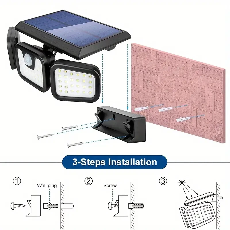 2-Pack Solar Motion Sensor Security Lights – 3-Head Waterproof Outdoor LED Flood Lights, Adjustable Solar Wall Lamps - Image 4