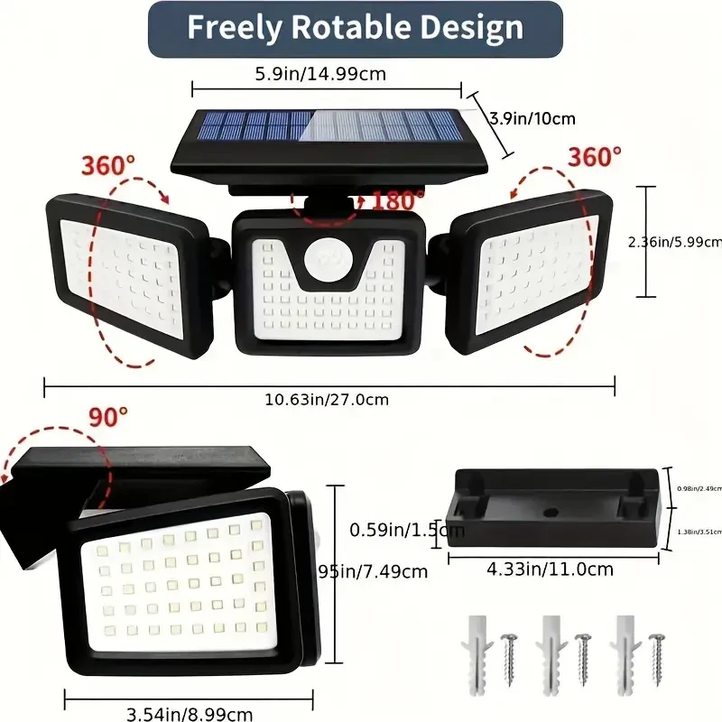 2-Pack Solar Motion Sensor Security Lights – 3-Head Waterproof Outdoor LED Flood Lights, Adjustable Solar Wall Lamps
